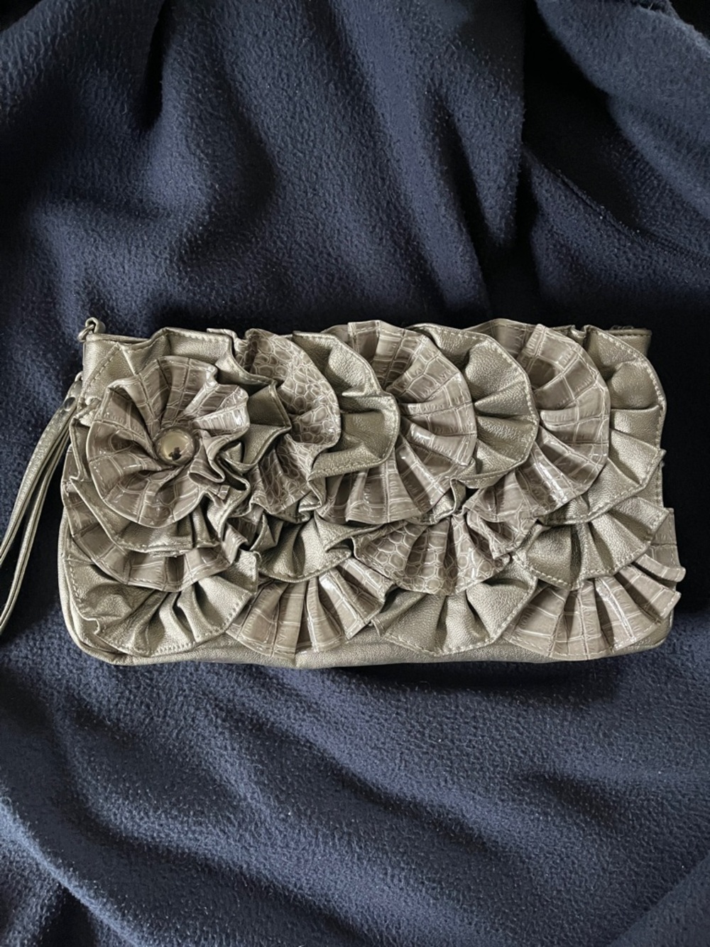Wristlet Clutch with Floral Ruffle Detail - Metallic Gray
